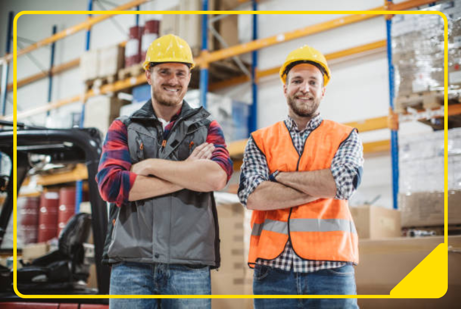 2 Männliche Personen mit Sicherheitskleidung und verschränkten Armen vor einem Gebelstapler