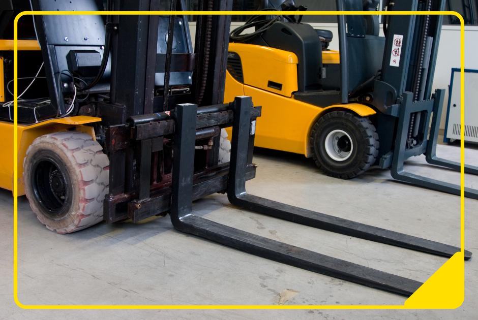 Nahaufnahme der Gabel zweier nebeneinander stehender Gabelstapler