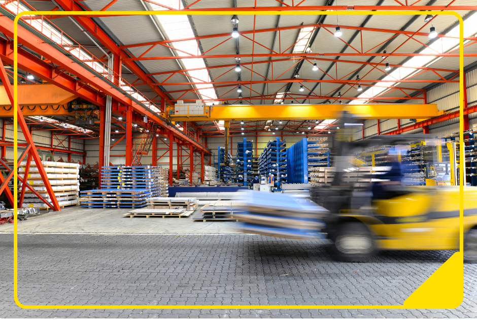 Gabelstapler fährt zügig durch Lagerhalle